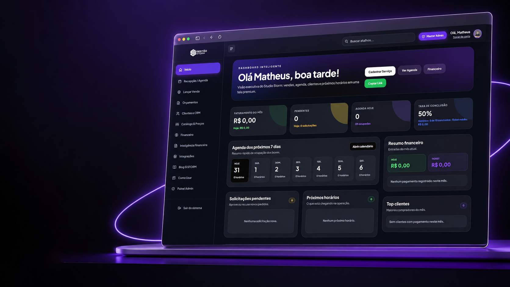 Dashboard do G STORM reunindo agenda, financeiro e operação