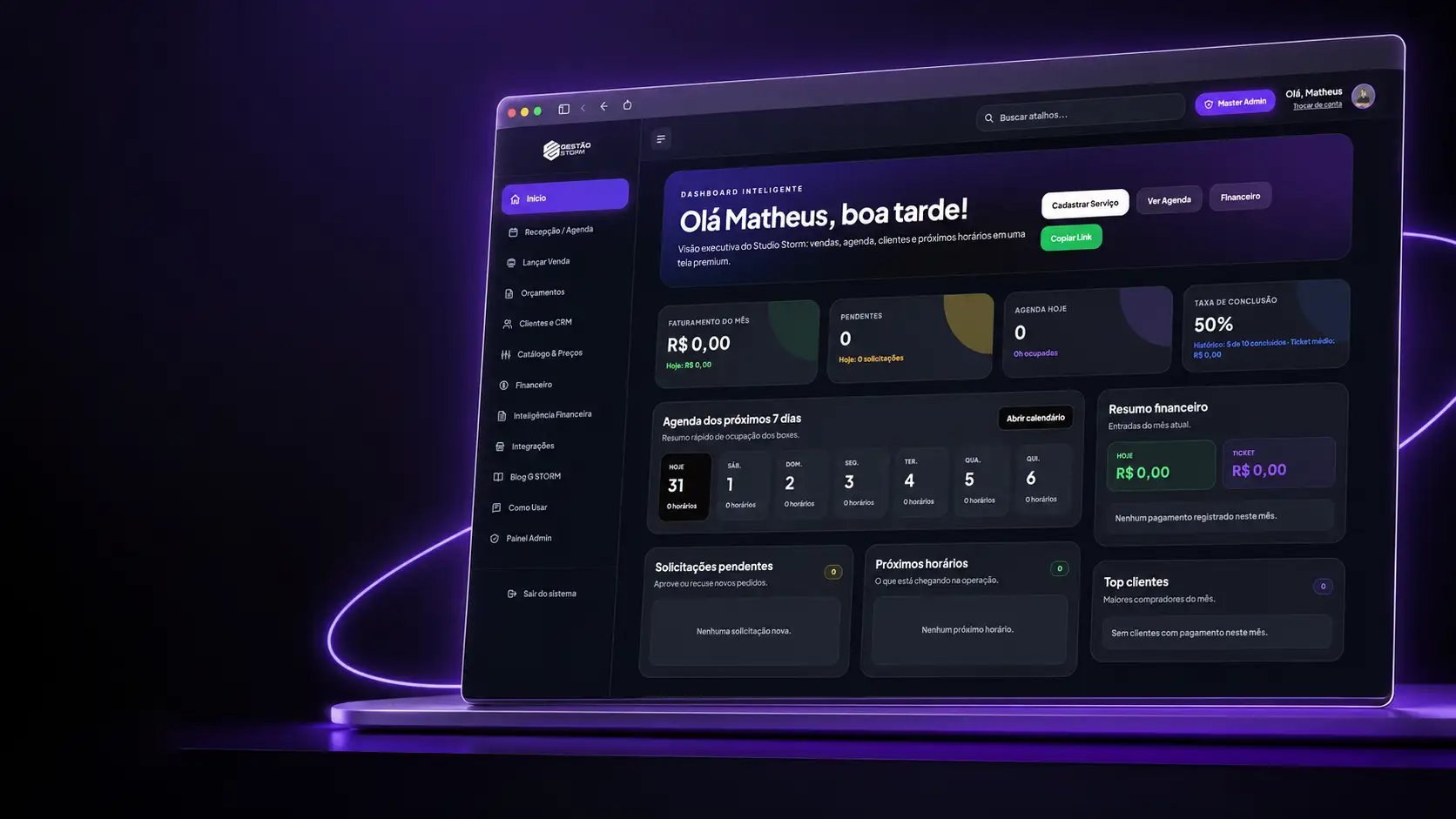 Painel do G STORM com agenda do dia, pátio e resumo financeiro